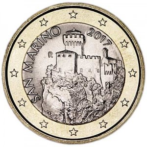 1 евро 2017 Сан-Марино, новый дизайн UNC цена, стоимость