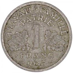 1 franc 1943 France price, composition, diameter, thickness, mintage, orientation, video, authenticity, weight, Description