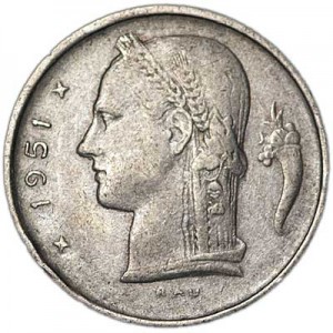 1 franc 1951 Belgium price, composition, diameter, thickness, mintage, orientation, video, authenticity, weight, Description