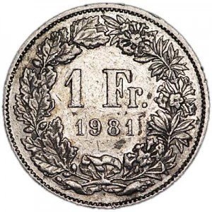 1 franc 1970-1990 Switzerland price, composition, diameter, thickness, mintage, orientation, video, authenticity, weight, Description