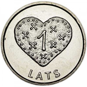 1 лат 2011 Латвия, Сердце.1 лат 2011 Латвия, Сердце. Изображение имбирного пряника в виде сердца. цена, стоимость