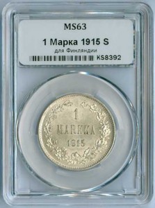 1 марка 1915 Финляндия, состояние MS63, в слабе ННР цена, стоимость