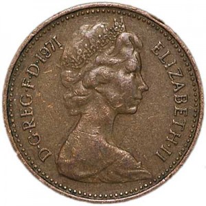 1 penny 1971 Great Britain price, composition, diameter, thickness, mintage, orientation, video, authenticity, weight, Description