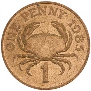 1 penny 1985 Guernsey Crab price, composition, diameter, thickness, mintage, orientation, video, authenticity, weight, Description