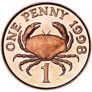 1 penny 1998 Guernsey Crab price, composition, diameter, thickness, mintage, orientation, video, authenticity, weight, Description