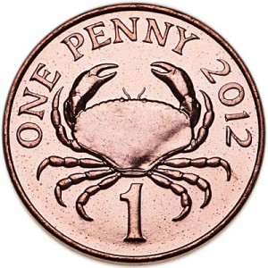 1 penny 2012 Guernsey Crab UNC price, composition, diameter, thickness, mintage, orientation, video, authenticity, weight, Description