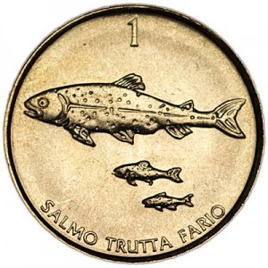 1 tolar 2001 Slovenia, Trout price, composition, diameter, thickness, mintage, orientation, video, authenticity, weight, Description