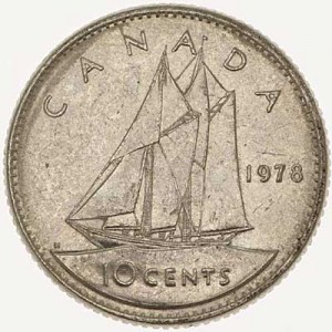 10 cent 1978 Canada price, composition, diameter, thickness, mintage, orientation, video, authenticity, weight, Description
