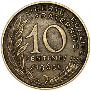 10 centimes 1963 France price, composition, diameter, thickness, mintage, orientation, video, authenticity, weight, Description