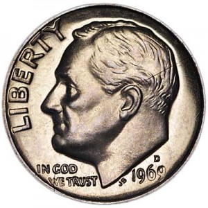 One dime 10 cents 1969 US Roosevelt, D price, composition, diameter, thickness, mintage, orientation, video, authenticity, weight, Description