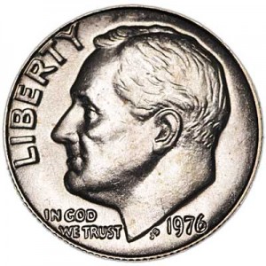 One dime 10 cents 1976 US Roosevelt, mint P price, composition, diameter, thickness, mintage, orientation, video, authenticity, weight, Description