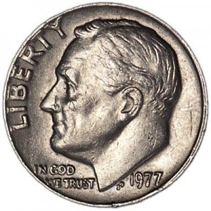 One dime 10 cents 1977 US Roosevelt, mint P price, composition, diameter, thickness, mintage, orientation, video, authenticity, weight, Description