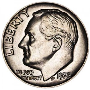 One dime 10 cents 1978 US Roosevelt, mint P price, composition, diameter, thickness, mintage, orientation, video, authenticity, weight, Description
