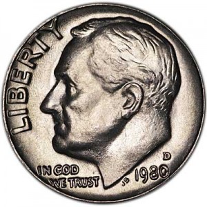 One dime 10 cents 1980 US Roosevelt, mint D price, composition, diameter, thickness, mintage, orientation, video, authenticity, weight, Description
