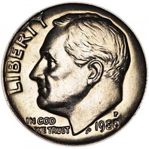 One dime 10 cents 1980 US Roosevelt, mint P price, composition, diameter, thickness, mintage, orientation, video, authenticity, weight, Description
