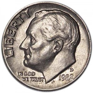 One dime 10 cents 1982 US Roosevelt, mint D price, composition, diameter, thickness, mintage, orientation, video, authenticity, weight, Description