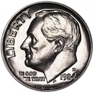 One dime 10 cents 1984 US Roosevelt, mint D price, composition, diameter, thickness, mintage, orientation, video, authenticity, weight, Description