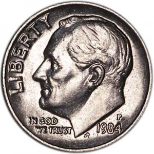 One dime 10 cents 1984 US Roosevelt, mint P price, composition, diameter, thickness, mintage, orientation, video, authenticity, weight, Description