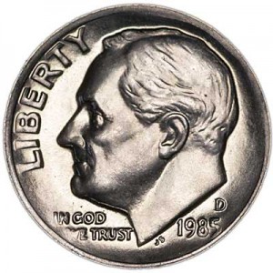 One dime 10 cents 1985 US Roosevelt, mint D price, composition, diameter, thickness, mintage, orientation, video, authenticity, weight, Description