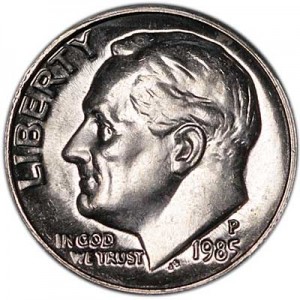 One dime 10 cents 1985 US Roosevelt, mint P price, composition, diameter, thickness, mintage, orientation, video, authenticity, weight, Description