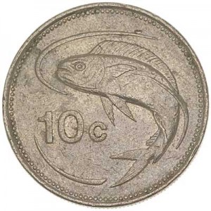 10 центов 1986 Мальта Рыба, из обращения цена, стоимость