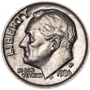 10 центов 1986 США Рузвельт, двор P цена, стоимость