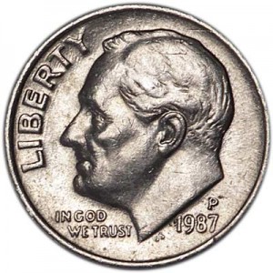 One dime 10 cents 1987 US Roosevelt, mint P price, composition, diameter, thickness, mintage, orientation, video, authenticity, weight, Description