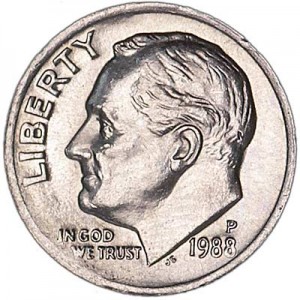 One dime 10 cents 1988 US Roosevelt, mint P price, composition, diameter, thickness, mintage, orientation, video, authenticity, weight, Description