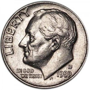 One dime 10 cents 1989 US Roosevelt, mint D price, composition, diameter, thickness, mintage, orientation, video, authenticity, weight, Description