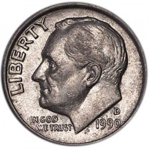 One dime 10 cents 1990 US Roosevelt, mint D price, composition, diameter, thickness, mintage, orientation, video, authenticity, weight, Description