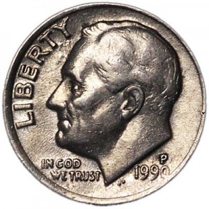 One dime 10 cents 1990 US Roosevelt, mint P price, composition, diameter, thickness, mintage, orientation, video, authenticity, weight, Description