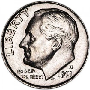 One dime 10 cents 1991 US Roosevelt, mint D price, composition, diameter, thickness, mintage, orientation, video, authenticity, weight, Description
