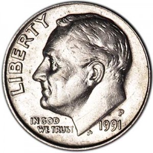 One dime 10 cents 1991 US Roosevelt, mint P price, composition, diameter, thickness, mintage, orientation, video, authenticity, weight, Description