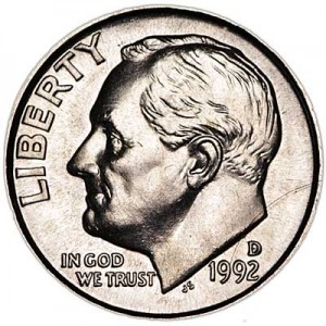One dime 10 cents 1992 US Roosevelt, mint D price, composition, diameter, thickness, mintage, orientation, video, authenticity, weight, Description