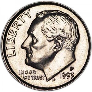 One dime 10 cents 1993 US Roosevelt, mint P price, composition, diameter, thickness, mintage, orientation, video, authenticity, weight, Description