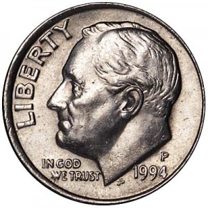 One dime 10 cents 1994 US Roosevelt, mint P price, composition, diameter, thickness, mintage, orientation, video, authenticity, weight, Description
