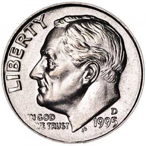 One dime 10 cents 1995 US Roosevelt, mint D price, composition, diameter, thickness, mintage, orientation, video, authenticity, weight, Description