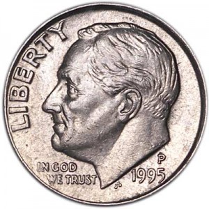 One dime 10 cents 1995 US Roosevelt, mint P price, composition, diameter, thickness, mintage, orientation, video, authenticity, weight, Description