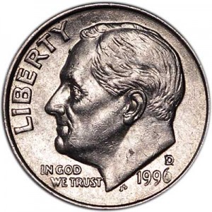 One dime 10 cents 1996 US Roosevelt, mint D price, composition, diameter, thickness, mintage, orientation, video, authenticity, weight, Description
