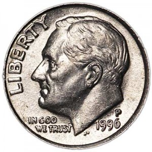 One dime 10 cents 1996 US Roosevelt, mint P price, composition, diameter, thickness, mintage, orientation, video, authenticity, weight, Description