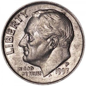 One dime 10 cents 1997 US Roosevelt, mint P price, composition, diameter, thickness, mintage, orientation, video, authenticity, weight, Description