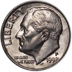One dime 10 cents 1998 US Roosevelt, mint P price, composition, diameter, thickness, mintage, orientation, video, authenticity, weight, Description