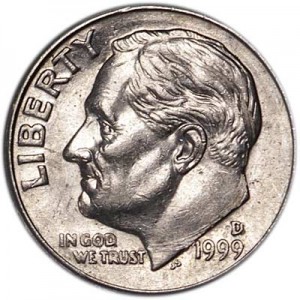 One dime 10 cents 1999 US Roosevelt, mint D price, composition, diameter, thickness, mintage, orientation, video, authenticity, weight, Description
