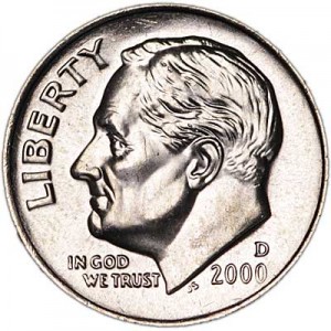 One dime 10 cents 2000 US Roosevelt, mint D price, composition, diameter, thickness, mintage, orientation, video, authenticity, weight, Description