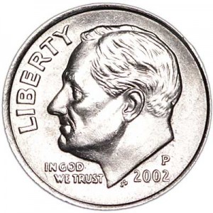 One dime 10 cents 2002 US Roosevelt, mint P price, composition, diameter, thickness, mintage, orientation, video, authenticity, weight, Description