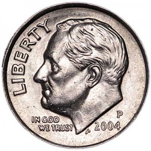 One dime 10 cents 2004 US Roosevelt, mint P price, composition, diameter, thickness, mintage, orientation, video, authenticity, weight, Description