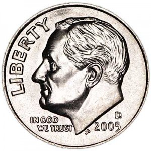 One dime 10 cents 2005 US Roosevelt, mint D price, composition, diameter, thickness, mintage, orientation, video, authenticity, weight, Description