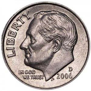 One dime 10 cents 2006 US Roosevelt, mint D price, composition, diameter, thickness, mintage, orientation, video, authenticity, weight, Description