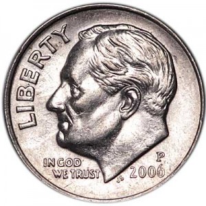 One dime 10 cents 2006 US Roosevelt, mint P price, composition, diameter, thickness, mintage, orientation, video, authenticity, weight, Description