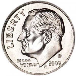 One dime 10 cents 2009 US Roosevelt, mint D price, composition, diameter, thickness, mintage, orientation, video, authenticity, weight, Description